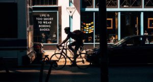 biking on busy street